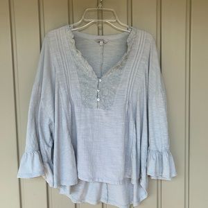Lucky Brand Very Light Blue Henley Ruffle Blouse